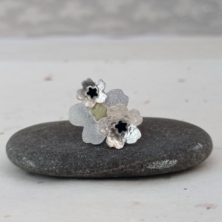Sterling silver and brass flowers lapel pin – handmade floral brooch 