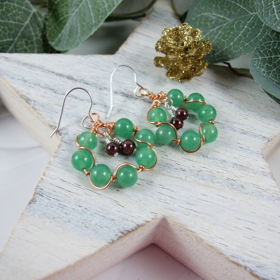 Earrings, Christmas Wreath Copper with Agate, Garnet & Silver Ear Wires