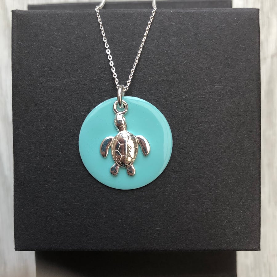 Sale now 12.00 - Turquoise Enamel Disc Sterling Silver Sea Turtle necklace