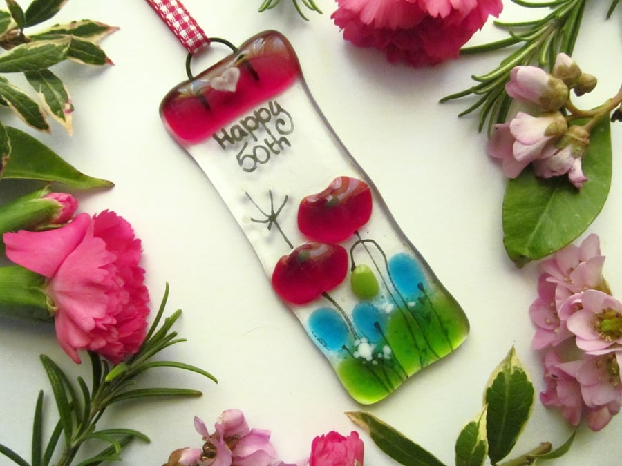 Happy 50th MINI Fused Glass Floral Suncatcher (Poppy Meadow)