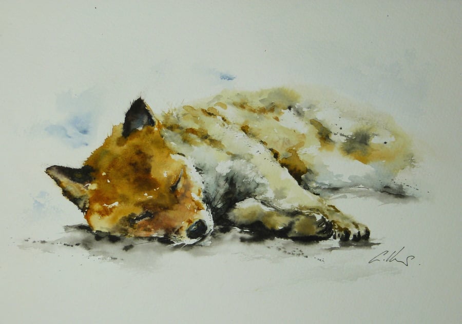 Sleeping Fox, Original Watercolour Painting.