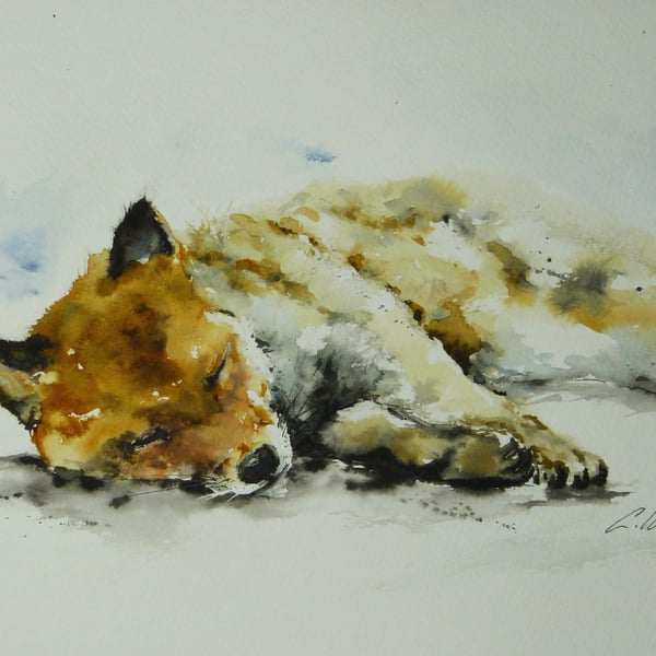 Sleeping Fox, Original Watercolour Painting.