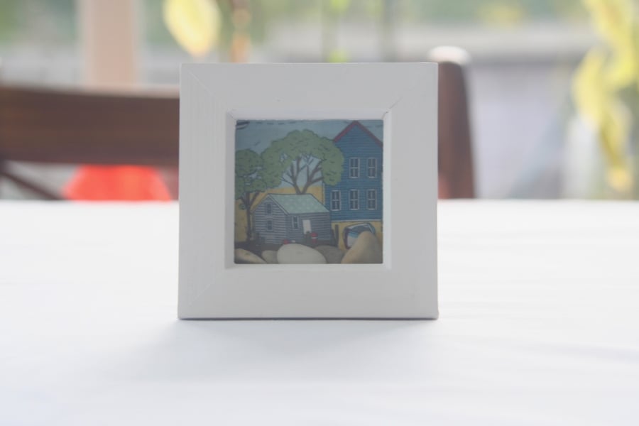 Boat House Seaside Shadow Box Picture with Pebbles