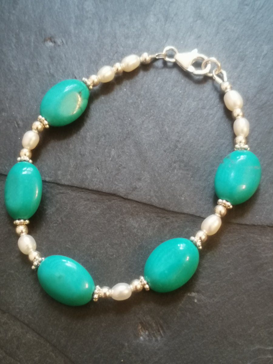 Turquoise, Pearl and Sterling Silver Bracelet