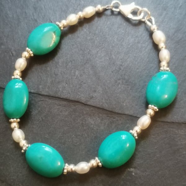 Turquoise, Pearl and Sterling Silver Bracelet