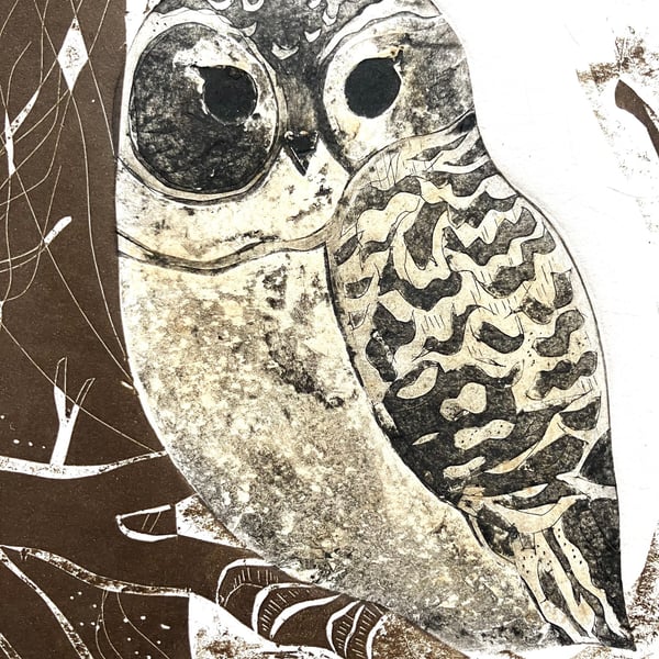 Little Tawny Owlet - Collagraph 