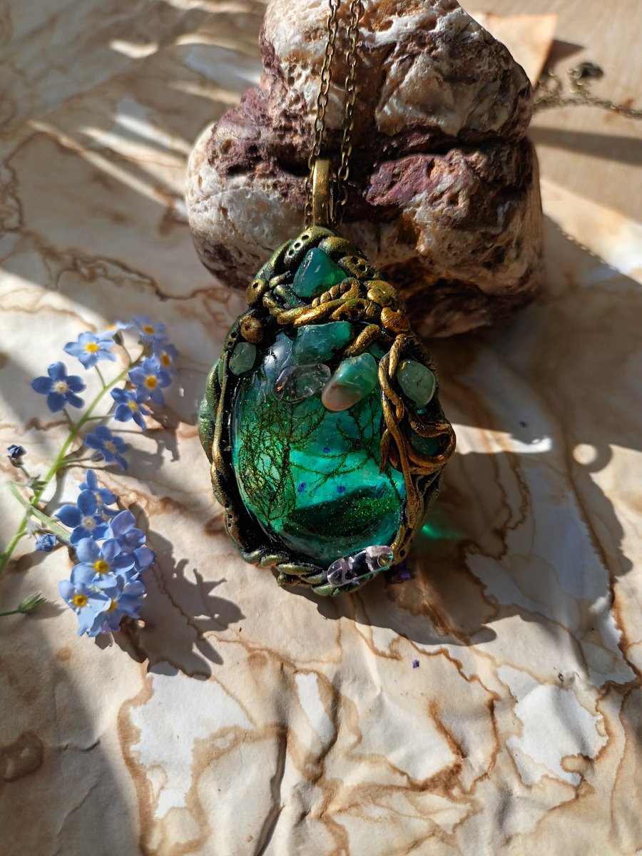  Blue lagoon fantasy necklace, real moss, Agate stones, moss green, turquoise