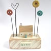 Wooden Painted House with Button Flowers- Home