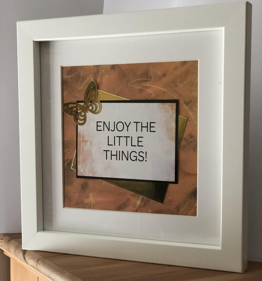 Inspirational Framed Wall Art: Enjoy The Little Things, Gold Butterfly