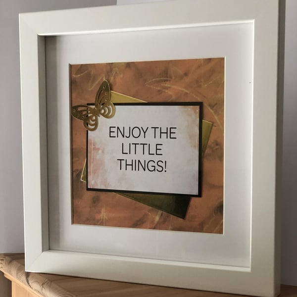 Inspirational Framed Wall Art: Enjoy The Little Things, Gold Butterfly