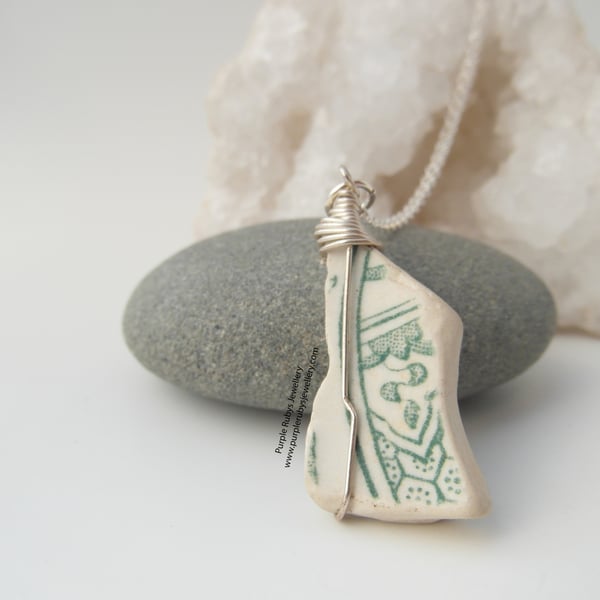Green and White Dorset Sea Pottery Necklace, Sterling Silver N128