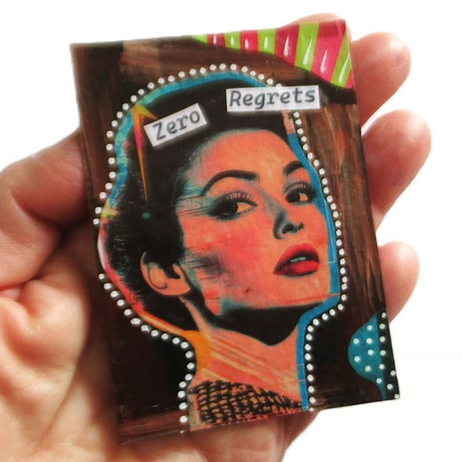 ACEO Miniature Quotation Artwork ZERO REGRETS Retro Female Figurative Portrait