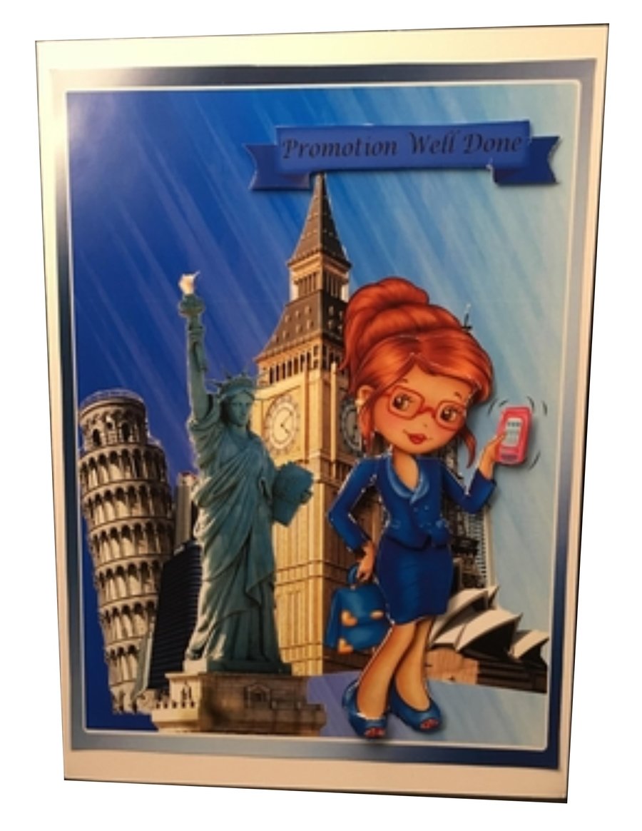 Business Woman, landmarks 3D - Promotion, New Job Card, Well Done