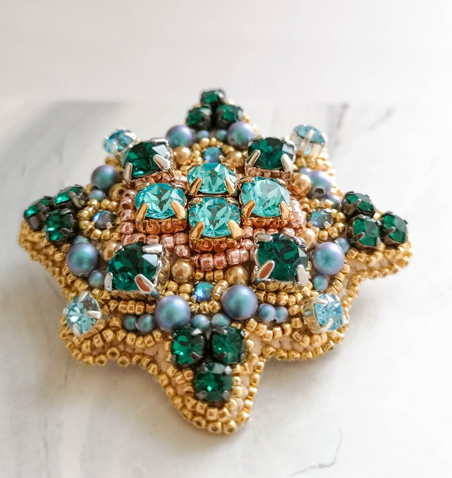 Esmeralda Swarovski Crystal blue and green embellished beaded brooch 