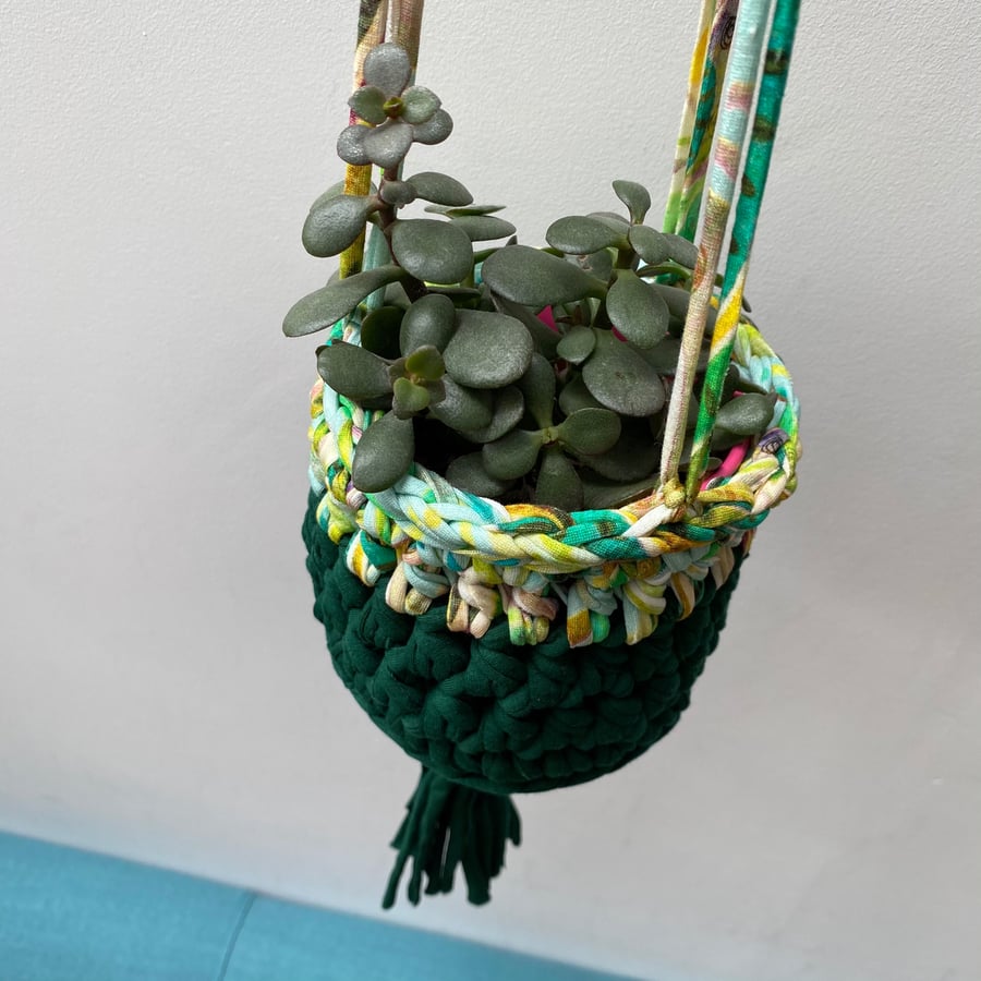 Crochet hanging planter - green and tropical print - free UK shipping