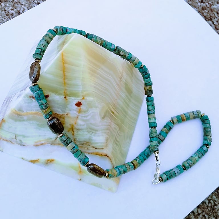 Mens Blue Quartzite & Bronzite Gemstone Beaded Necklace 18 Inch