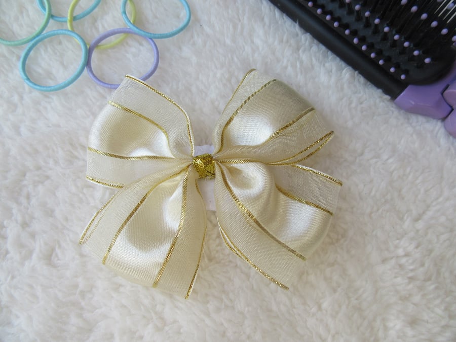 Cream and gold hair bow, girls hair clip