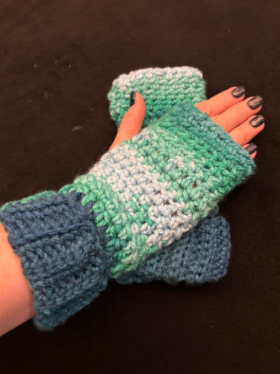 Hand Crocheted Fingerless Wrist Warmers in Teal