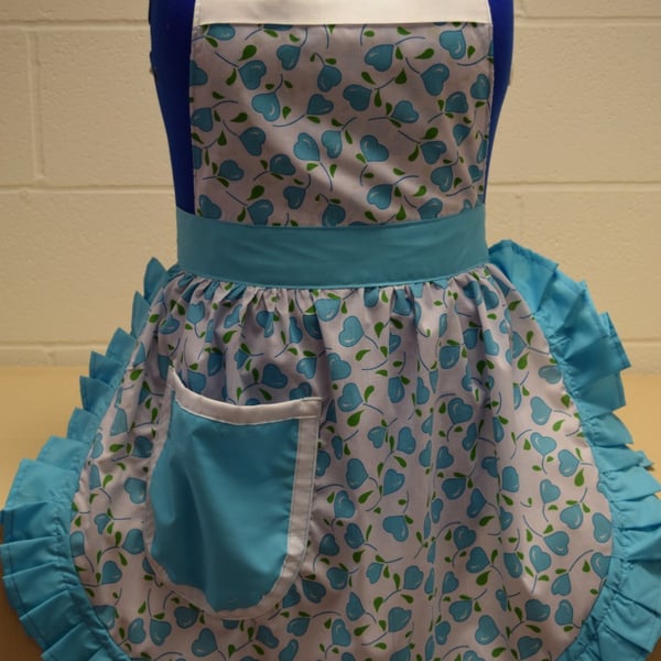 Vintage 50s Style Full Apron Pinny - Turquoise & White Hearts