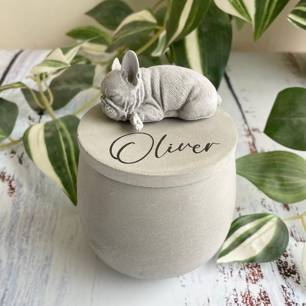 Small personalised concrete French bulldog urn