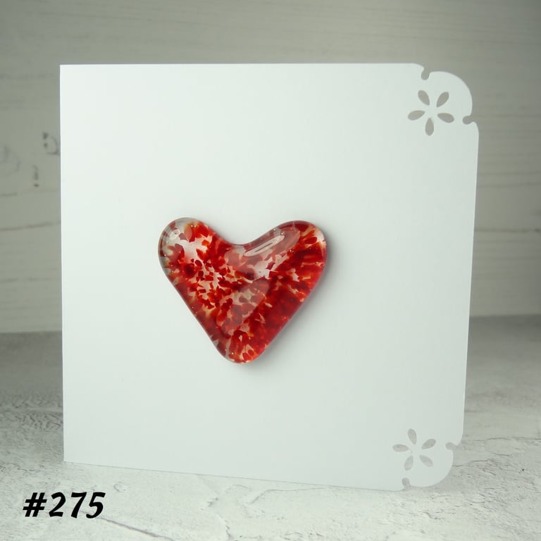 Handcrafted red speckled heart fused glass blank card (275)