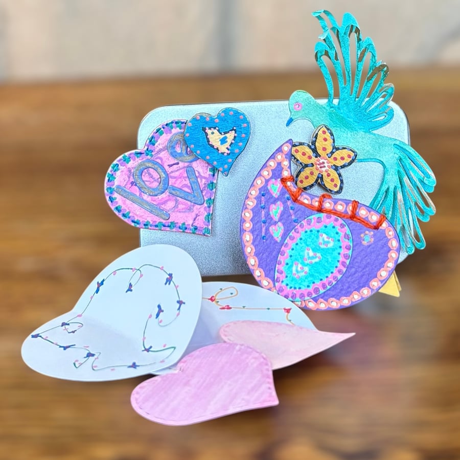 Selection of hand painted magnets and ephemera in a mini tin - Hearts & Birds 2