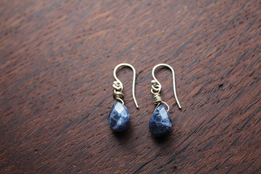 Silver Wire Wrapped Faceted Sodalite Briolette Drop Earrings
