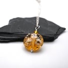 lampwork glass amber and gold glitter flower pendant necklace