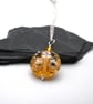 lampwork glass amber and gold glitter flower pendant necklace