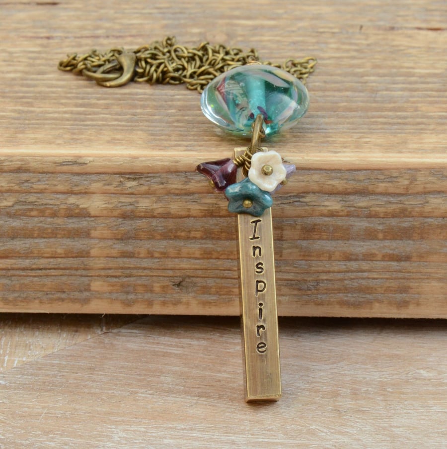 Inspire Brass Bar Necklace with Lampwork Glass bead & Purple and Blue Flowers