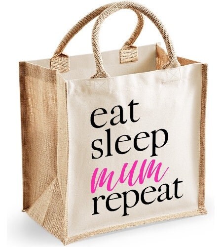 Eat Sleep Mum Repeat Midi Jute Shopper Lunch Bag Mother's Day Birthday Christmas