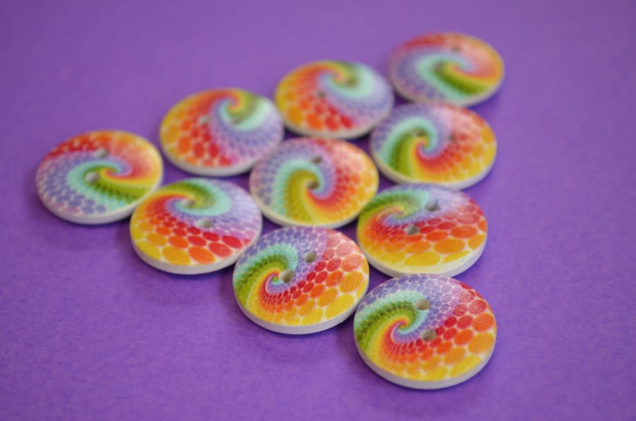 20mm Wooden Rainbow Swirl Buttons 10pk Colourful Button (RSW1)
