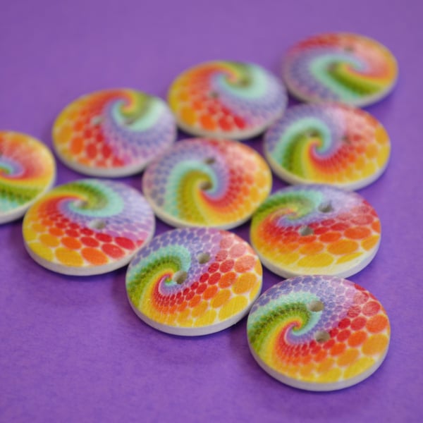20mm Wooden Rainbow Swirl Buttons 10pk Colourful Button (RSW1)