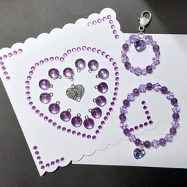 Gift Set - Handmade Blank Card - Amethyst Bracelet - Heart Bag Charm 
