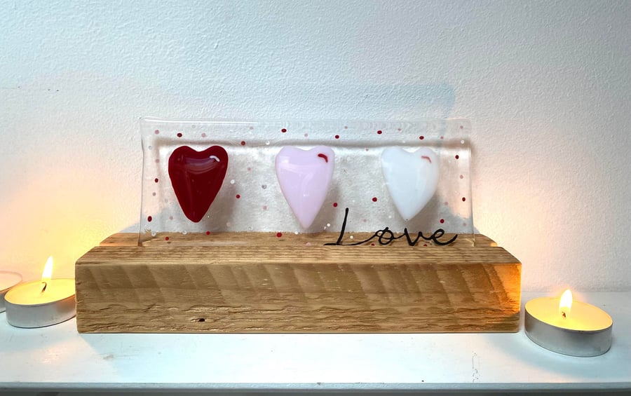 Fused Glass Valentine Hearts with freestanding wooden block 