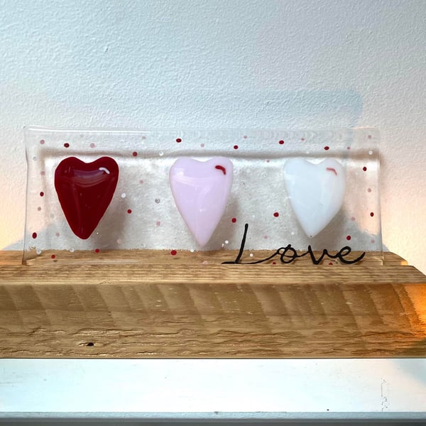 Fused Glass Valentine Hearts with freestanding wooden block 