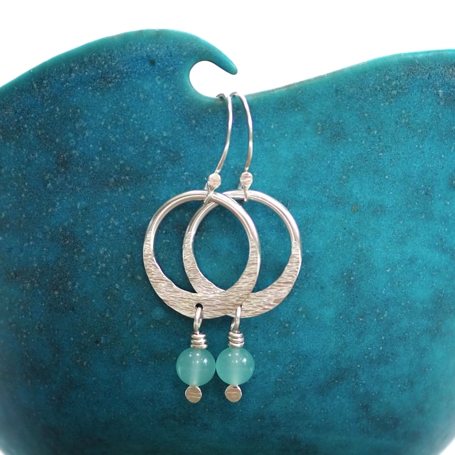 Earrings. Silver Hoop Earrings. Hammered Silver Hoops. Duck Egg Glass Beads.