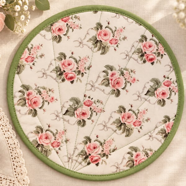 Handmade Quilted Fabric Placemat - Round Floral Table Mat