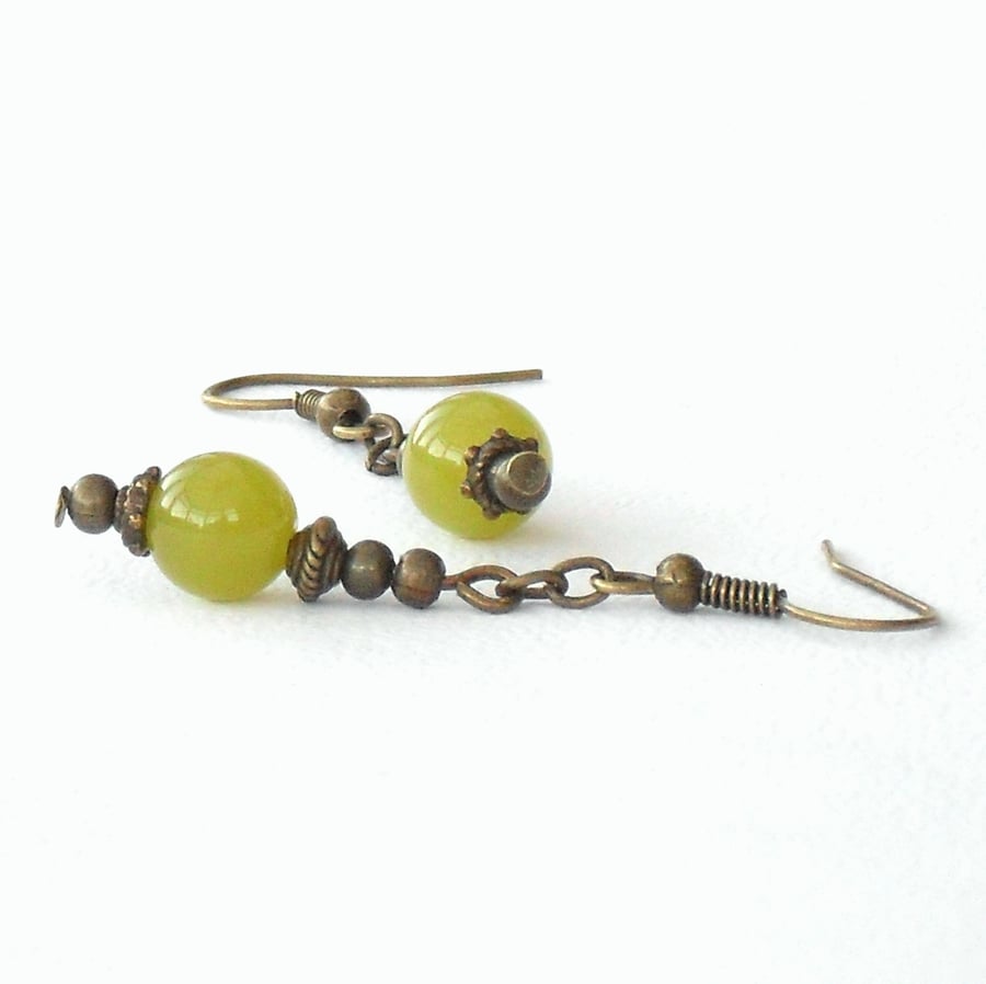 Handmade olive green peridot and bronze handmade earrings - vintage style