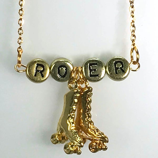 ROLLER DERBY NECKLACE gold plated boots word pendant disco