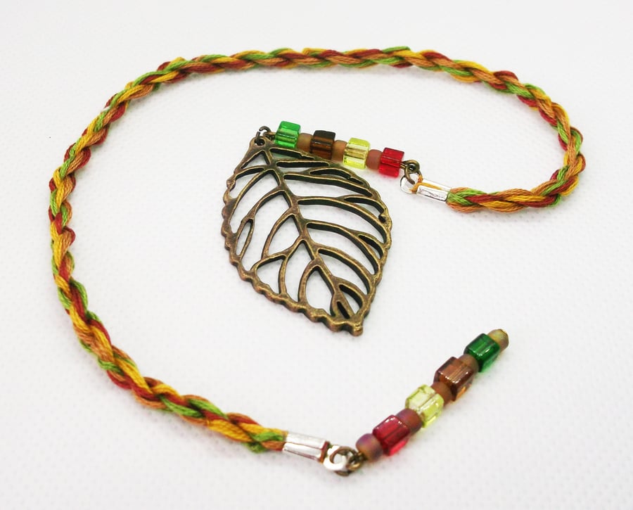 Filigree Leaf Charm Bookmark with Autumn Coloured Twisted Cord & Glass Beads