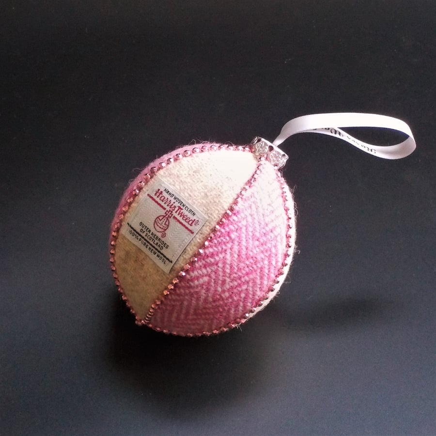 Christmas tree decoration Harris tweed bauble pink and cream herringbone fabric