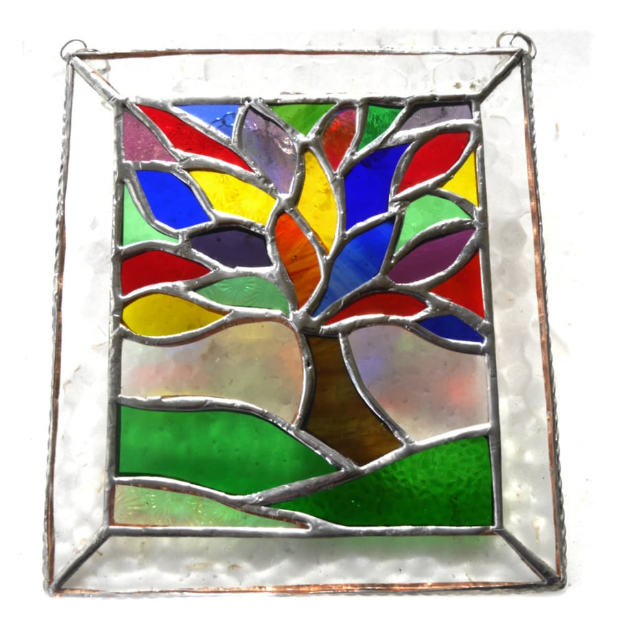Rainbow Leaf Tree of Life Suncatcher Stained Glass Picture 