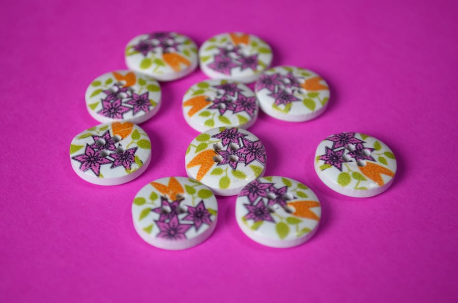 15mm Wooden Floral Buttons Hot Pink Green Yellow 10pk Flowers (SF24)