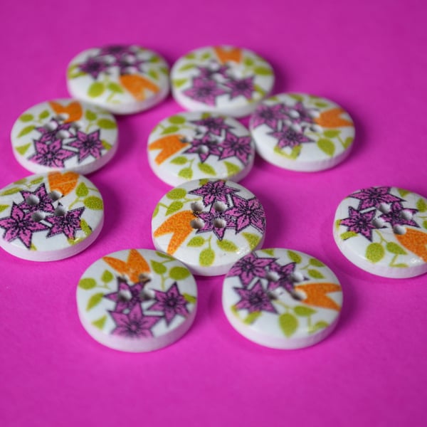15mm Wooden Floral Buttons Hot Pink Green Yellow 10pk Flowers (SF24)
