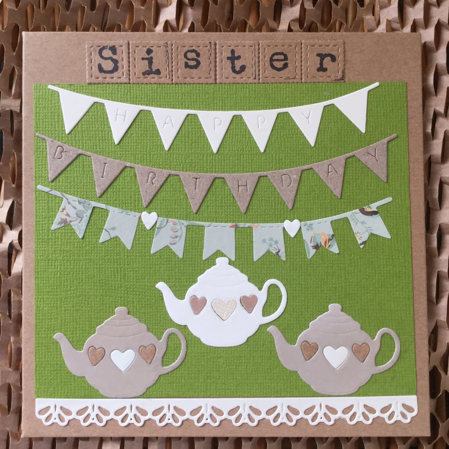 Sister Tea Pot Old Typewriter Lettering Happy Birthday Card