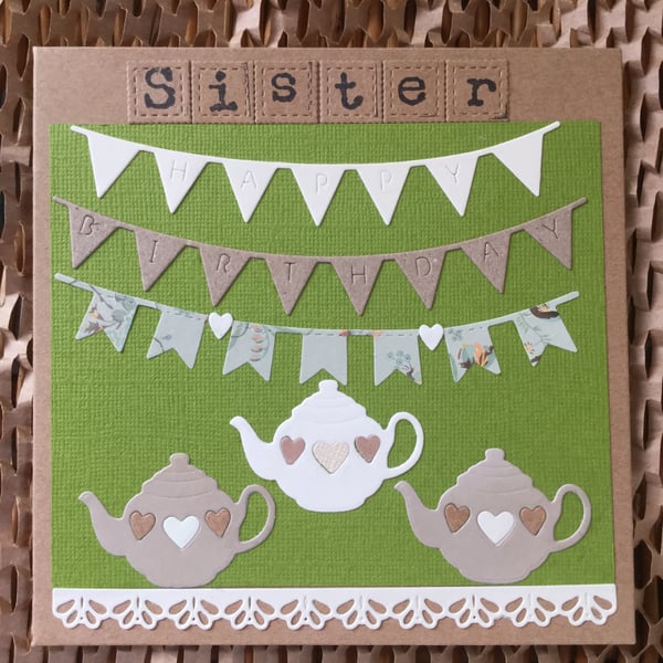 Sister Tea Pot Old Typewriter Lettering Happy Birthday Card