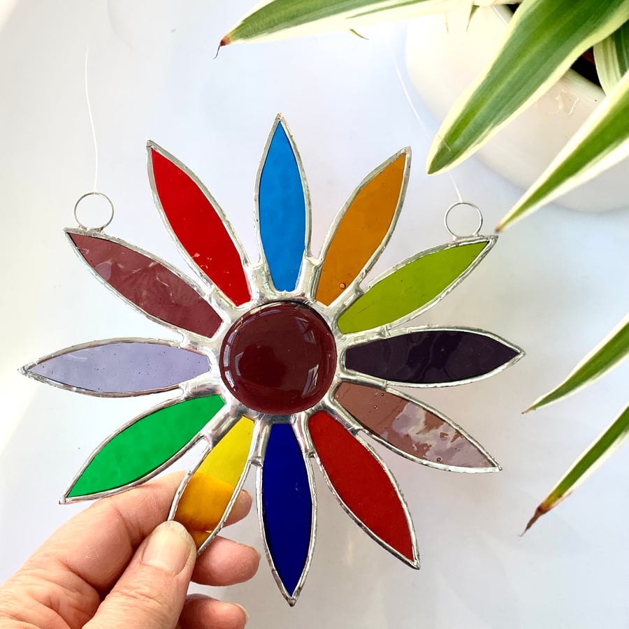 Stained Glass Daisy Suncatcher Handmade Hanging Decoration - Multi Vibrant 