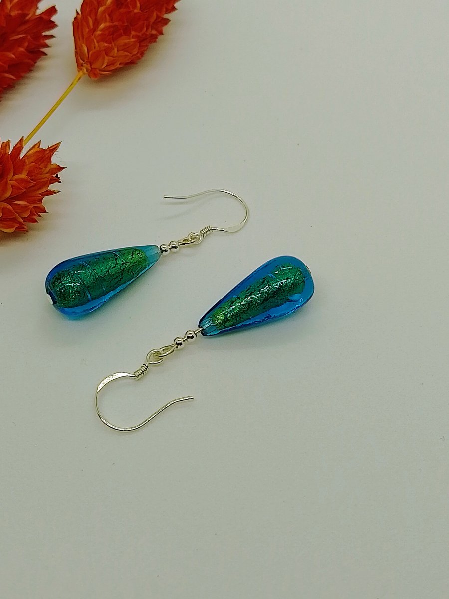 Kingfisher Blue Murano Glass Drop Earrings, Sterling Silver Beads and Ear Wires