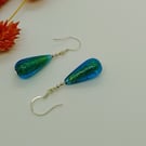 Kingfisher Blue Murano Glass Drop Earrings, Sterling Silver Beads and Ear Wires